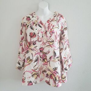 JM Collection Women's Linen Popover Tunic 10 Cream Floral Classic Coastal Preppy